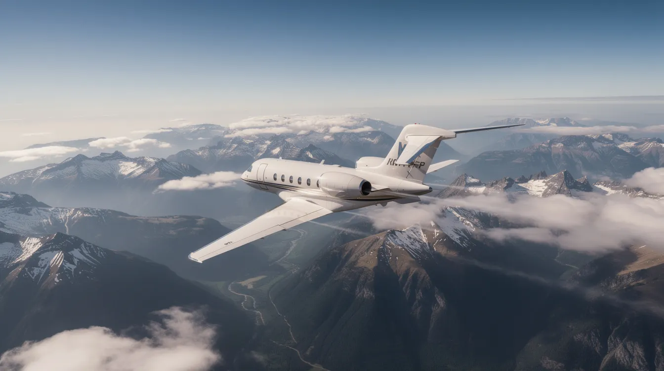 An aerial view captures a sleek private jet soaring over majestic mountains, showcasing the beauty of private aviation. This image highlights the allure of private jet travel, ideal for those seeking luxury and convenience in their flying experience.