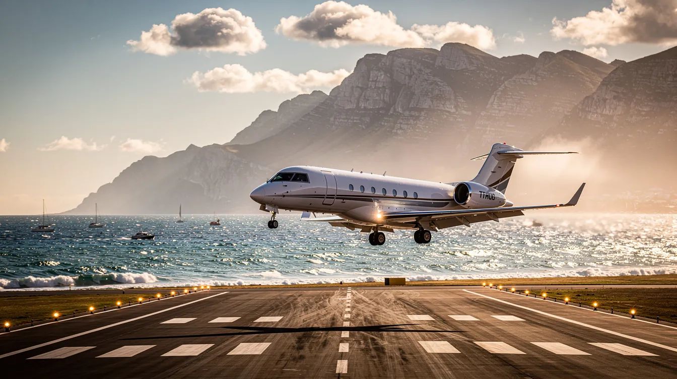 A sleek modern private jet is gracefully landing at a coastal airport, with stunning mountains rising majestically in the background. This scene highlights the luxurious nature of private air travel, where considerations such as jet fuel costs and fuel efficiency play a crucial role in operational expenses.