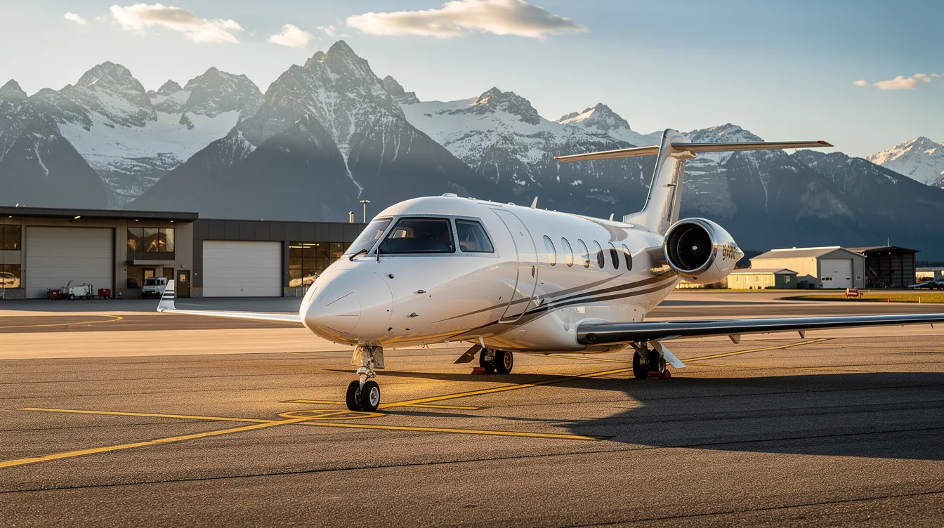 A small luxury private jet is taxiing on a runway at a regional airport, nestled against a backdrop of mountains, showcasing the convenience and style of private aircraft travel. This luxury jet represents the pinnacle of aviation, designed for business clients seeking comfort and efficiency in their journeys.
