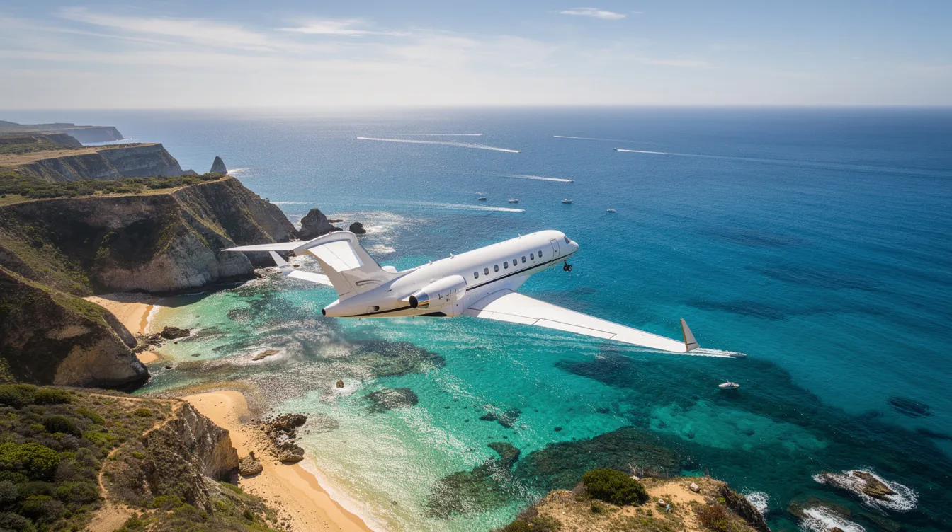 An aerial view captures a luxurious private jet soaring over a stunning coastal landscape, with vibrant turquoise waters shimmering below. This scene exemplifies the opulence and sophistication associated with luxury private jets, perfect for discerning clients seeking an exceptional travel experience.
