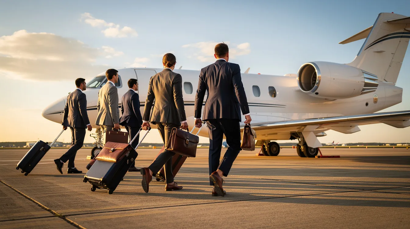 A group of business professionals is walking confidently toward a luxury private jet on a sunlit tarmac, showcasing the opulence and convenience of private aircraft travel. This scene highlights the sophistication and efficiency of business aviation, perfect for clients seeking the ultimate travel experience.