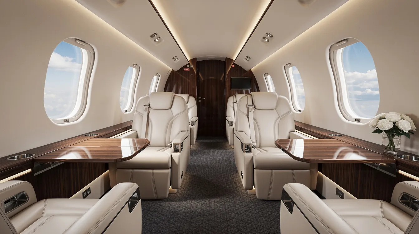 The image showcases the interior of a luxury private jet cabin, featuring elegant leather seating, sophisticated wood finishes, and large oval windows that provide a stunning view. This opulent space is designed for comfort and privacy, making it ideal for passengers seeking a premium travel experience in luxury jets.