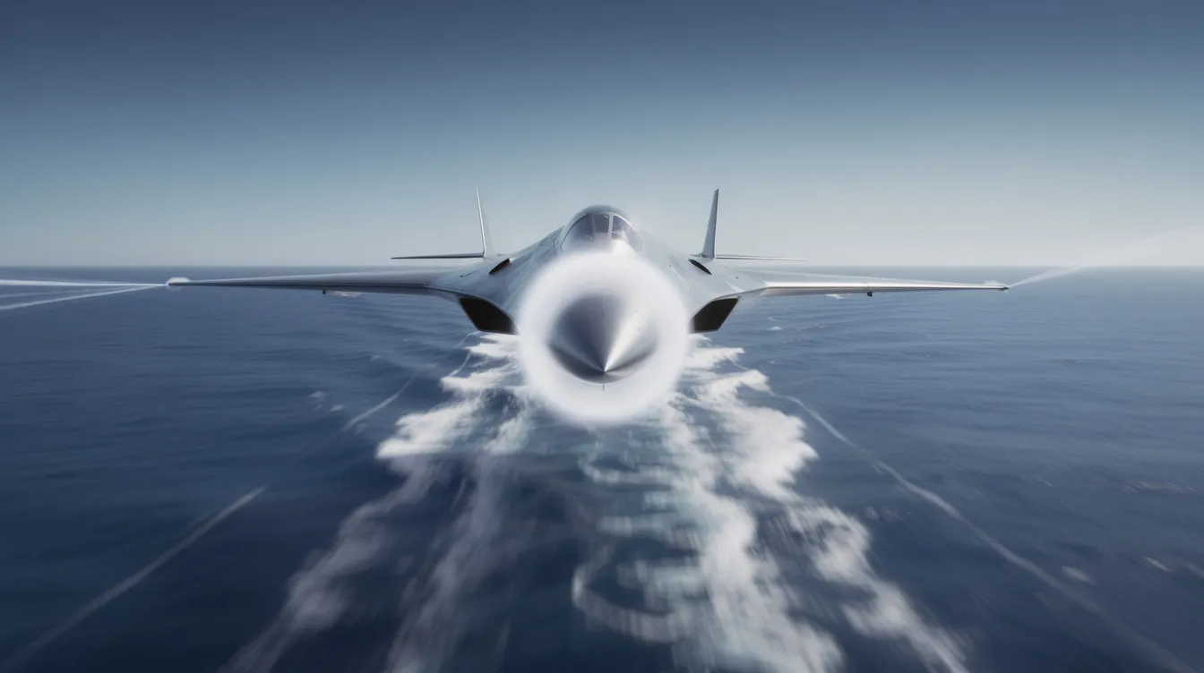 A sleek supersonic aircraft concept is flying at high speed over a deep blue ocean, creating a visible vapor cone as it cuts through the air. This innovative design showcases the future of supersonic travel, promising customers an exhilarating flying experience.