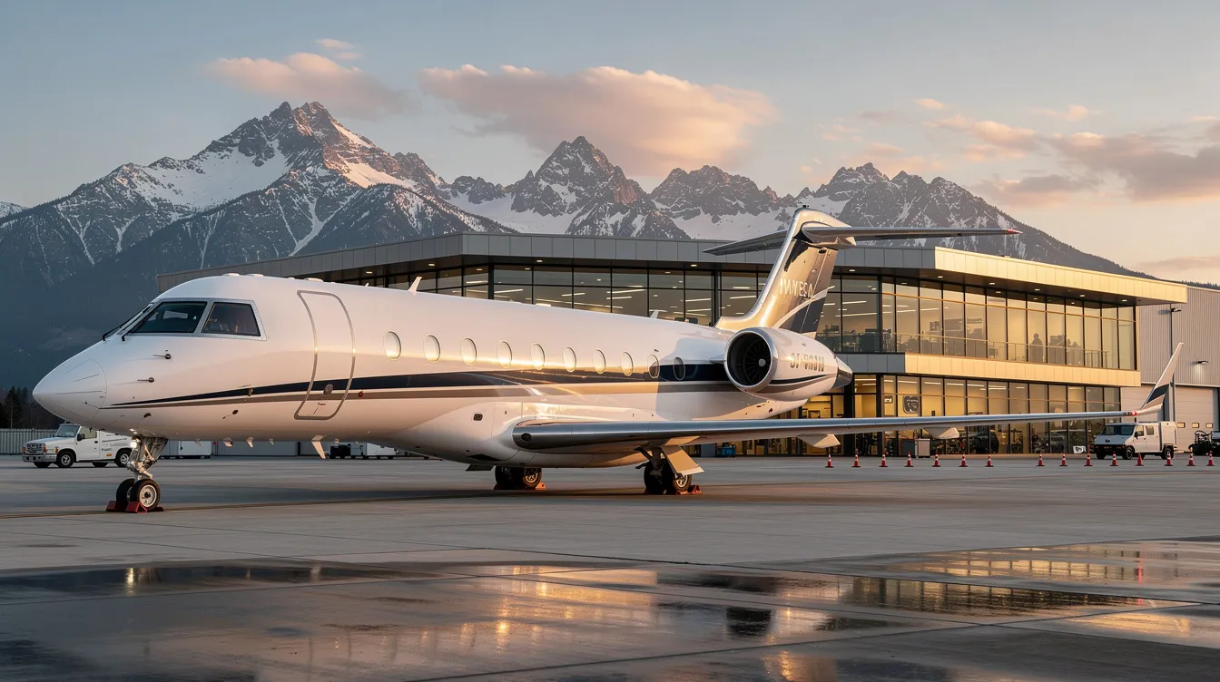 A luxury private jet is parked at a sleek, modern FBO terminal, with majestic mountains visible in the background. The scene conveys an aura of exclusivity and speed, ideal for customers seeking supersonic travel experiences.