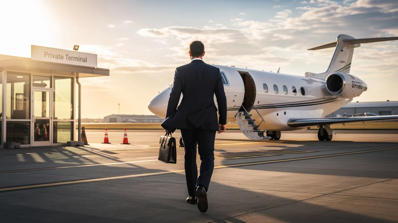 An executive is walking confidently towards a private jet parked at a small airport terminal, suggesting a readiness for supersonic travel. The scene captures the essence of luxury air travel, with the jet poised for takeoff, while the executive likely prepares to verify security before boarding.
