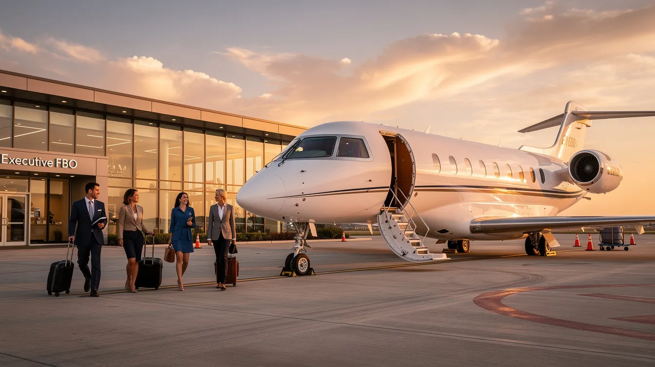 A private jet is parked at a sleek, modern FBO terminal, with passengers walking towards the aircraft entrance, ready for their business air travel. This scene highlights the convenience and quality service offered by innovative private aviation companies like Sentient Jet, known for their unique digital booking tools and commitment to safety.