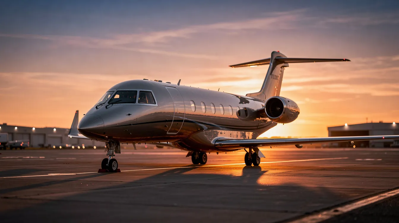 A sleek private jet from Sentient Jet LLC is parked on a tarmac at dusk, with warm golden light reflecting off its polished fuselage. The scene captures the essence of luxury in private aviation, highlighting the innovative design and outstanding service heritage that Sentient Jet offers to its clients.