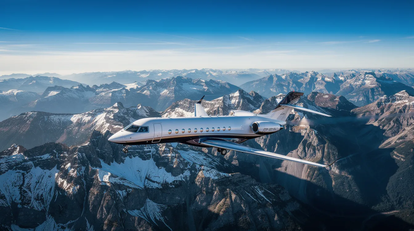 An aerial view captures a private jet soaring over majestic mountain peaks under a clear blue sky, showcasing the elegance of private aviation. This image reflects the outstanding service heritage of innovative private aviation companies like Sentient Jet, known for their commitment to safety and quality in business air travel.