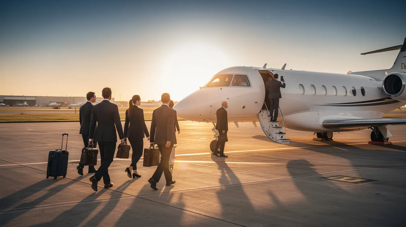 A group of business professionals in suits is walking toward a white private jet on an airport ramp during golden hour, with the warm light highlighting the sleek design of the aircraft. They appear to be performing security verification before boarding, emphasizing the importance of safety and efficiency for their upcoming business trip.