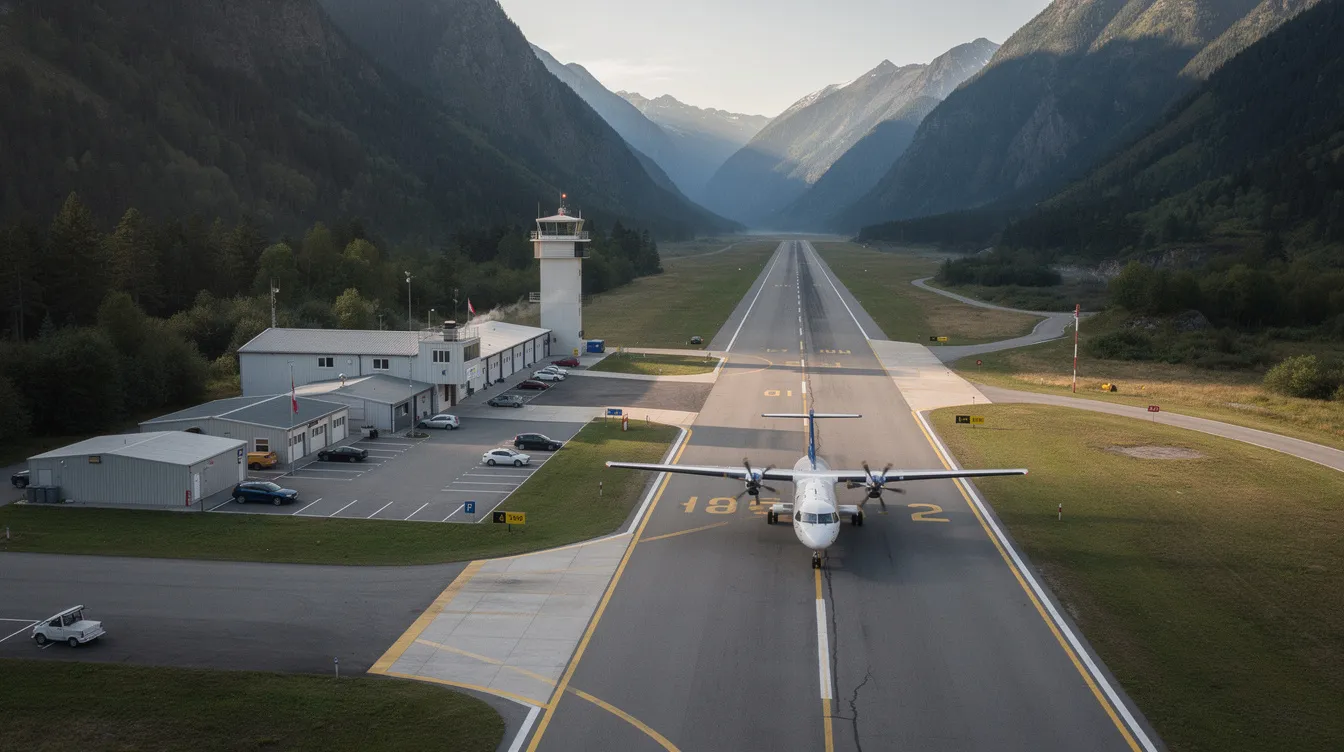A small regional airport is depicted, surrounded by mountains, with a turboprop aircraft taxiing on the single runway. The scene conveys a sense of tranquility and efficiency, highlighting the airport's role in providing access for business trips and group travel.
