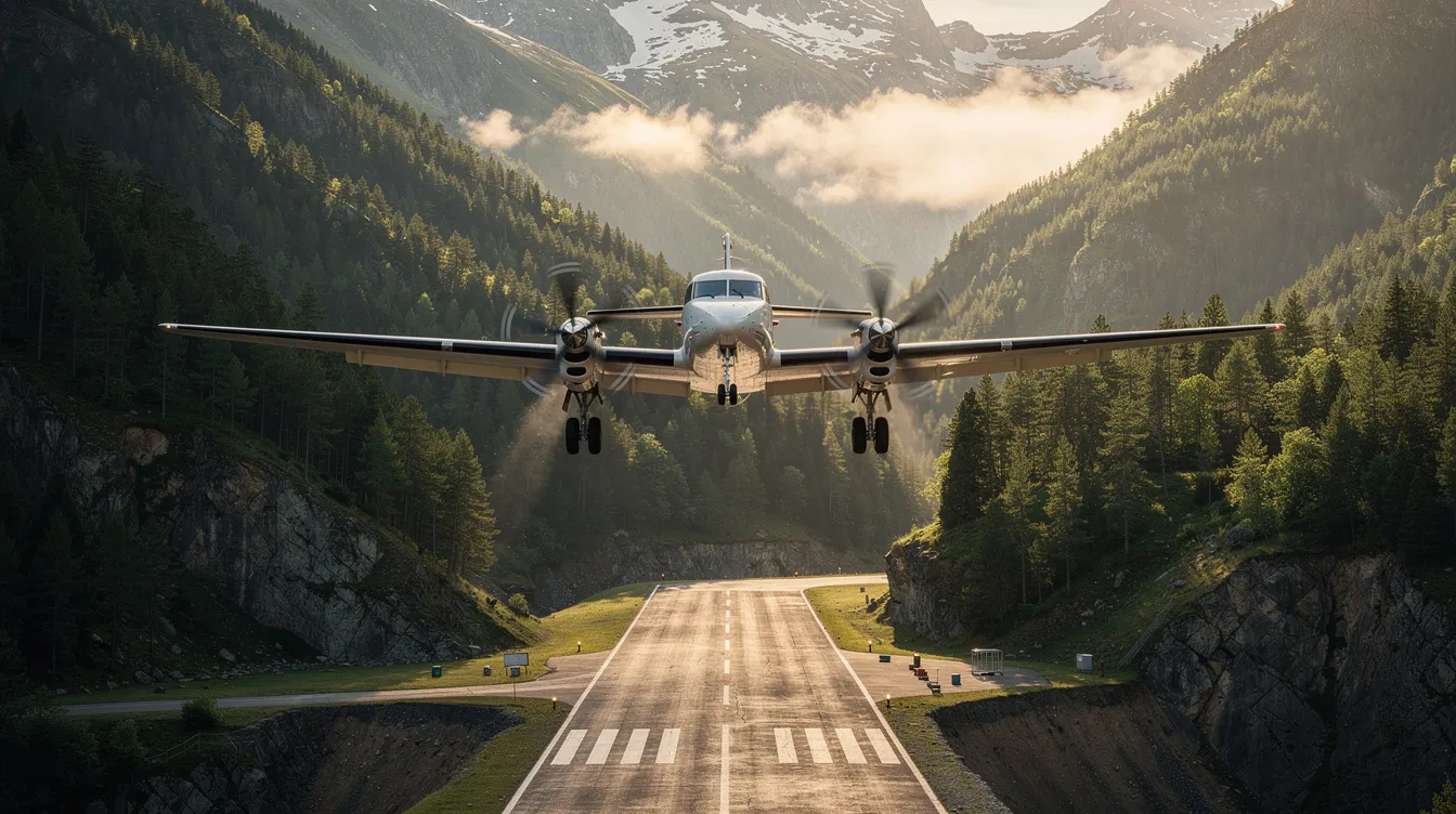 A twin-engine turboprop aircraft, resembling a Beechcraft King Air, is landing on a short mountain runway surrounded by tall pine trees, showcasing its capability for short field performance. This well-equipped aircraft is ideal for accessing smaller airports, making it suitable for business trips and group travel in remote locations.