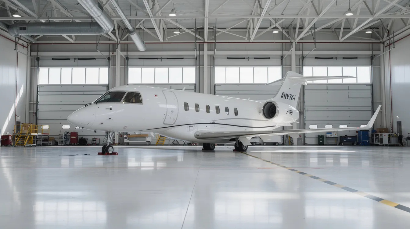 The image depicts the interior of a spacious, well-lit hangar facility housing a sleek private jet, showcasing its modern design and spacious cabin. This setting highlights the luxurious nature of private jet ownership, appealing to serious buyers interested in the private jet market.