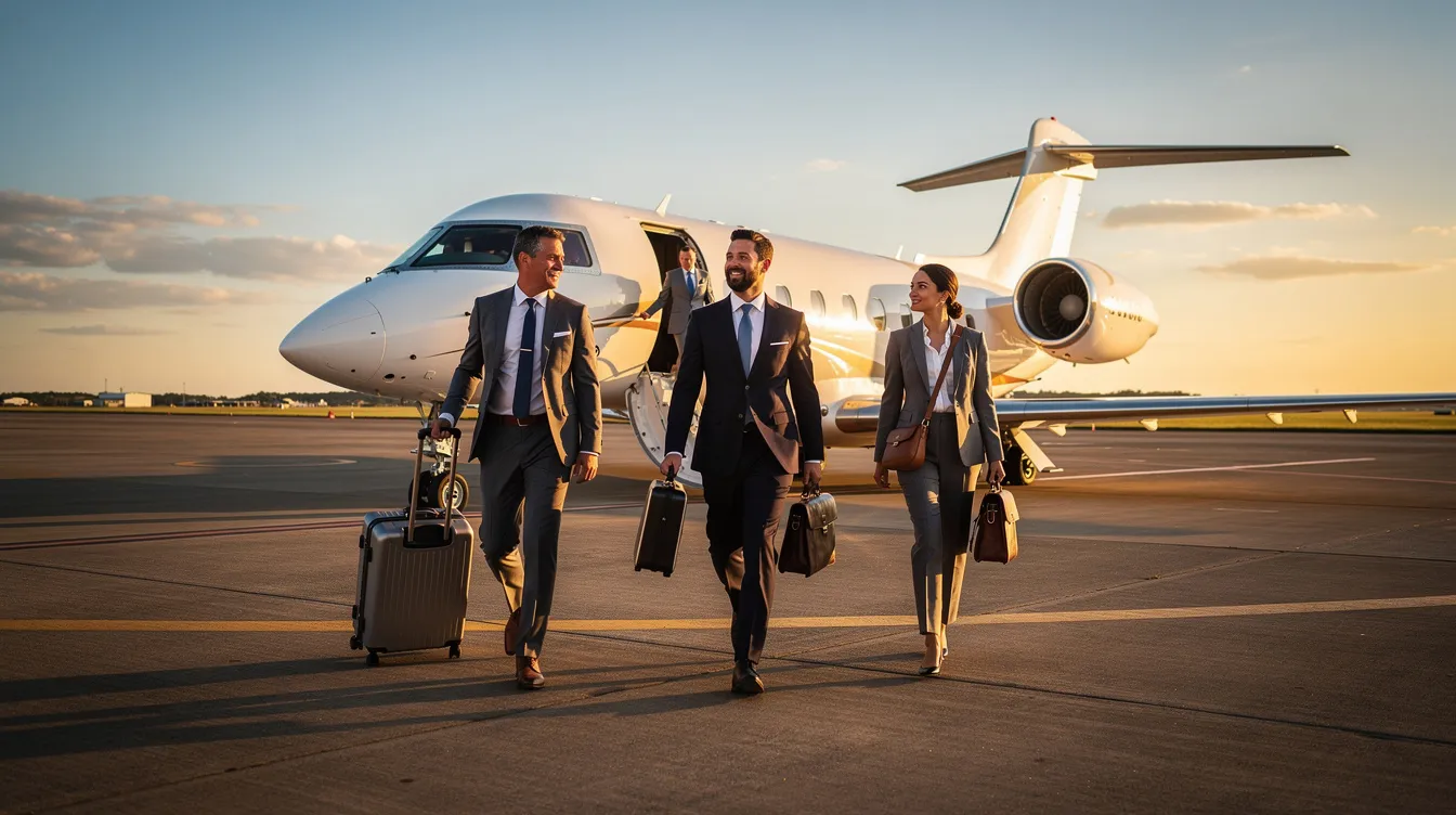 A group of business professionals is walking toward a sleek private jet on an airport ramp, showcasing the allure of modern aircraft for serious buyers in the private jet market. The scene reflects the professionalism and sophistication associated with private jet ownership and travel.