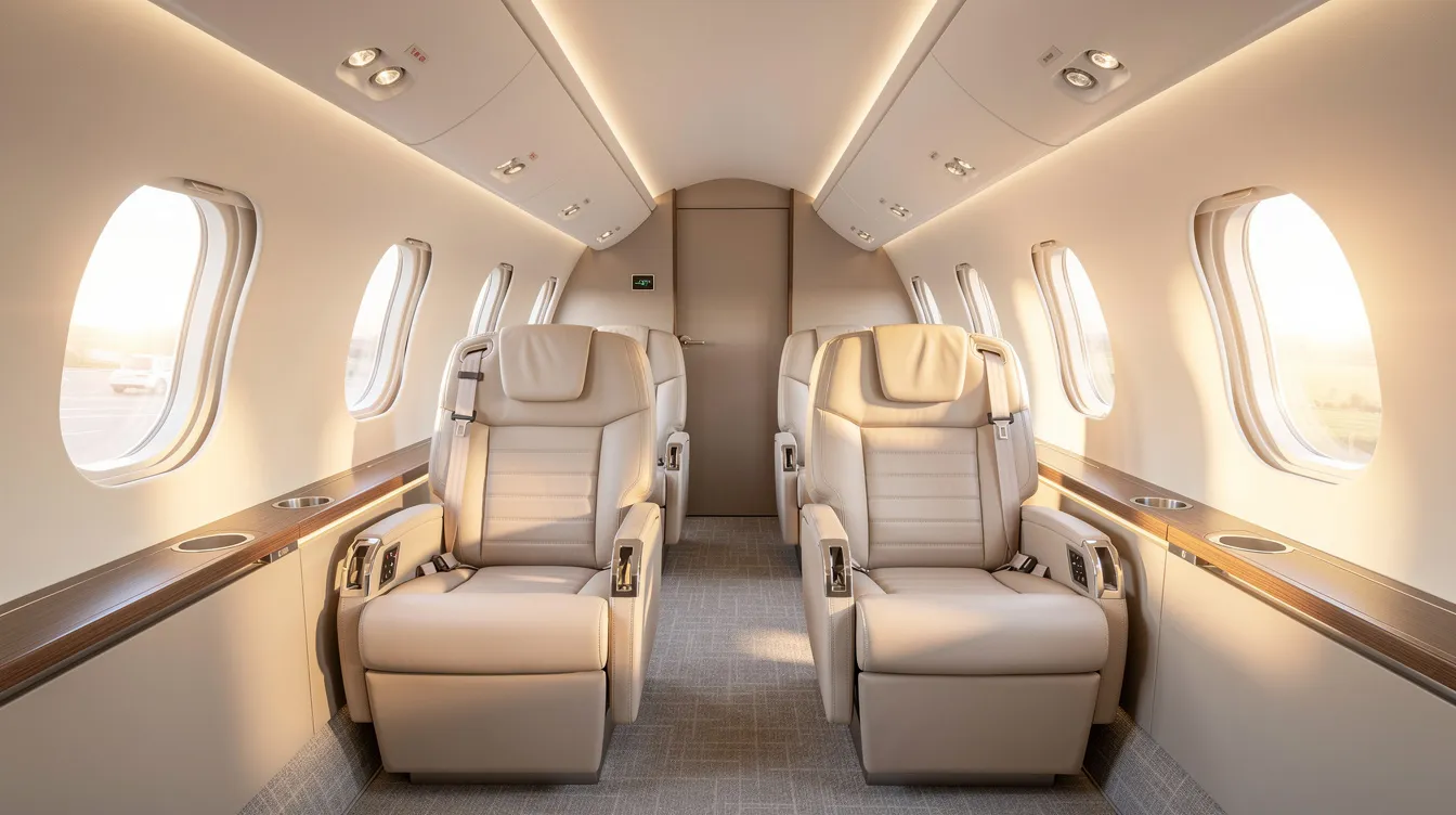 The image depicts the interior of a modern midsize private jet cabin, featuring luxurious leather seats and ample natural lighting streaming through oval windows. This elegant space is designed for comfort and sophistication, appealing to private jet owners and serious buyers in the private jet market.