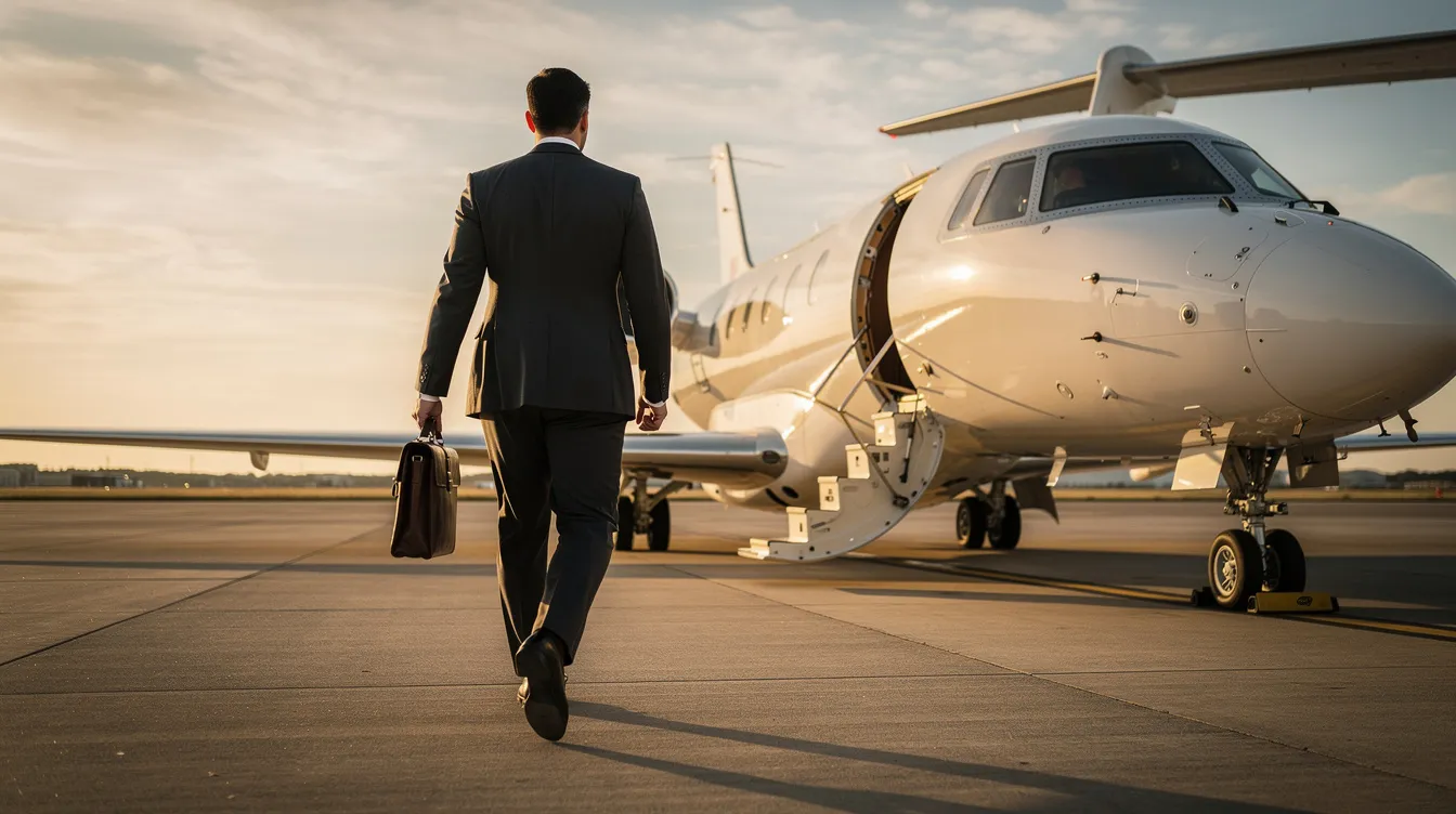 An executive in a tailored business suit confidently strides towards a sleek private jet on an open runway, symbolizing luxury air travel and the aviation industry. The private aircraft, designed for long distances and equipped with a lavish interior, stands ready to serve as a flying mansion for its owner.