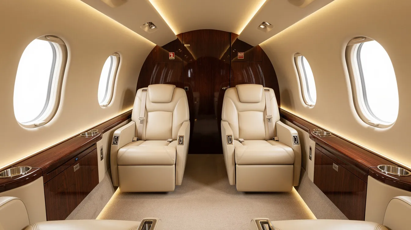 The image showcases the luxurious interior of a wide-body private jet, featuring plush cream leather seating, elegant wood paneling, and soft ambient mood lighting, creating a lavish atmosphere for high-end luxury air travel. This flying mansion is designed for comfort and sophistication, perfect for private jet owners looking to enjoy long haul flights in style.
