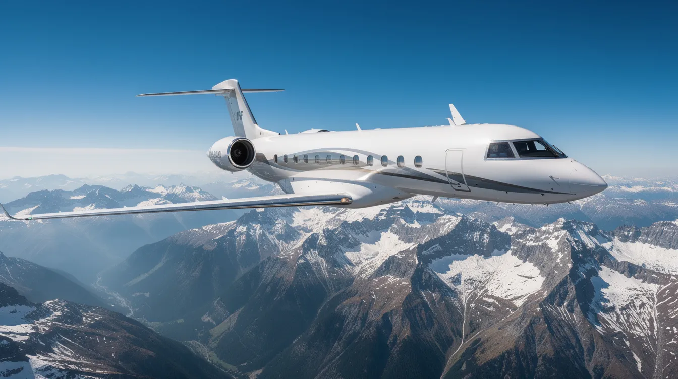 A sleek modern business jet aircraft soars above a stunning mountain range, set against a backdrop of a clear blue sky. The powerful jet engines propel it through the air, showcasing the elegance and speed of private aviation.