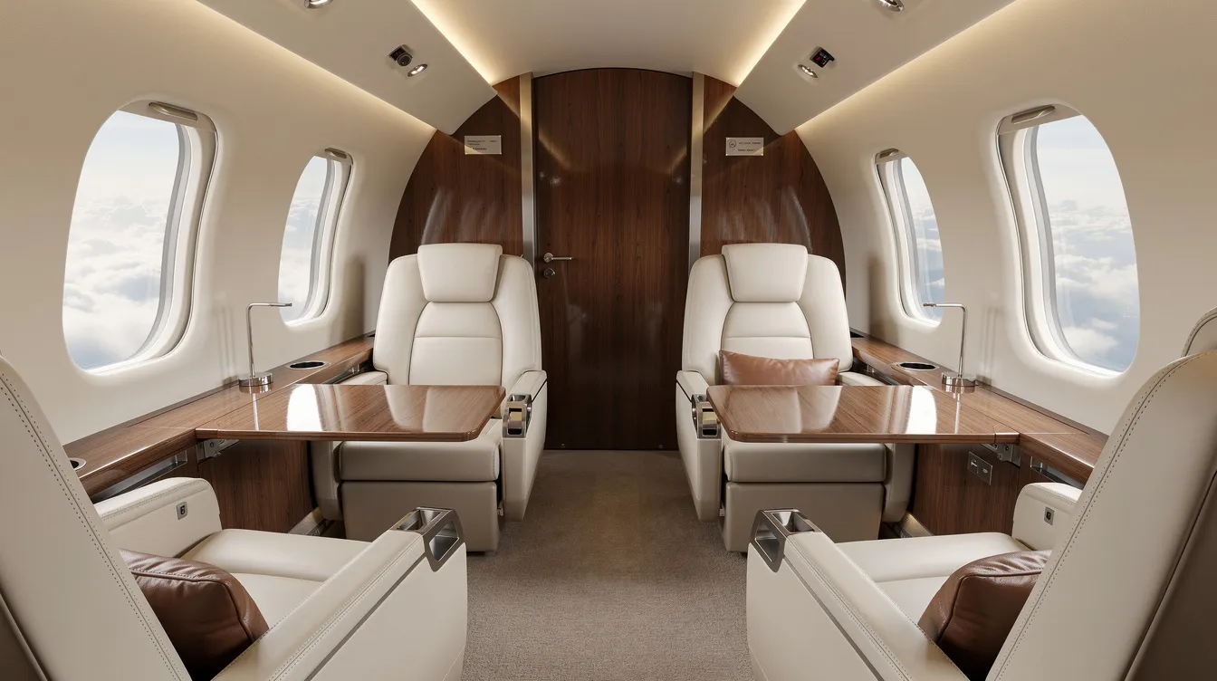 The image depicts the interior of a luxurious private jet cabin, featuring cream leather seats, warm wood paneling, and soft ambient lighting, designed for ultimate comfort and elegance. This lavish space exemplifies the opulence found in the most expensive private jets, providing an inviting atmosphere for business or leisure travel.