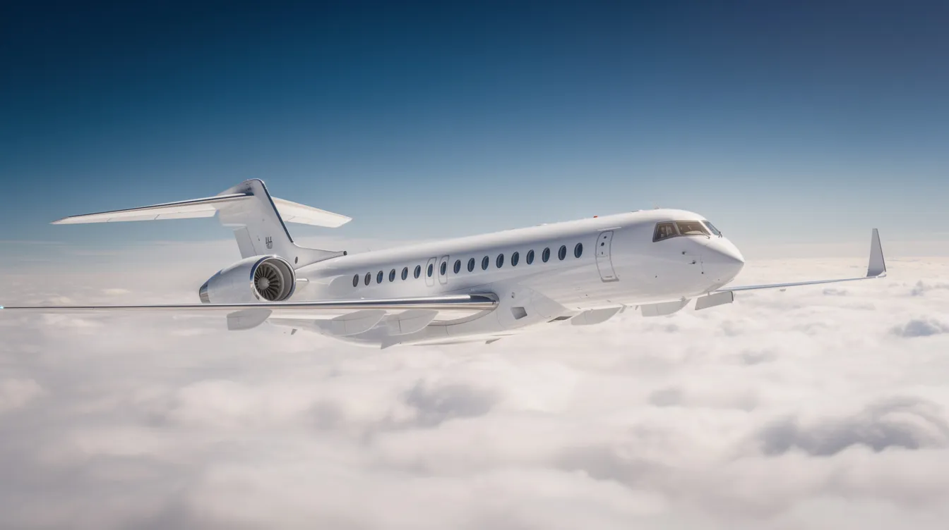 A sleek white ultra-long-range business jet soars gracefully above a layer of fluffy clouds, set against a vibrant blue sky, embodying the essence of luxury and private aviation. This image captures the allure of expensive private jets, showcasing the ultimate in air travel comfort and sophistication.