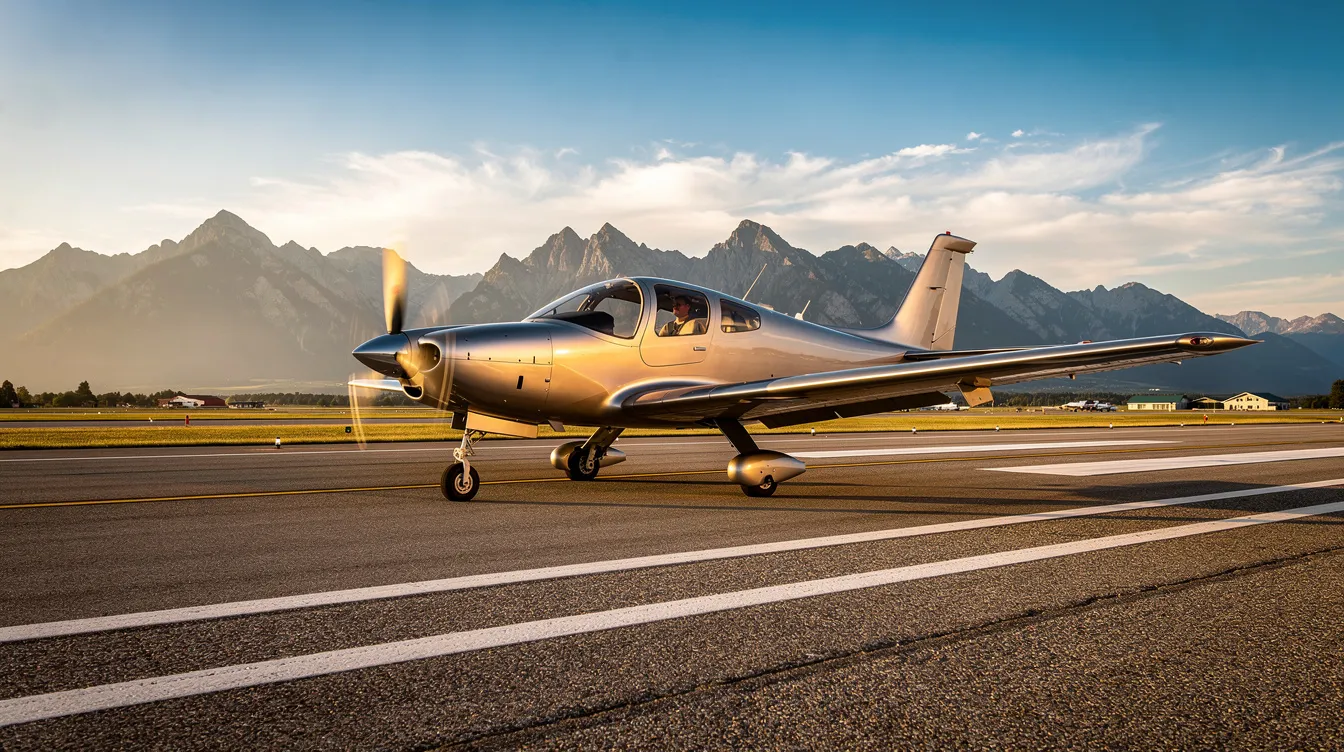 A sleek low-wing composite aircraft is taxiing on a paved runway, with mountains visible in the distance, showcasing its efficient design. This four seat airplane, ideal for flight schools and private owners, is a perfect example of modern general aviation.