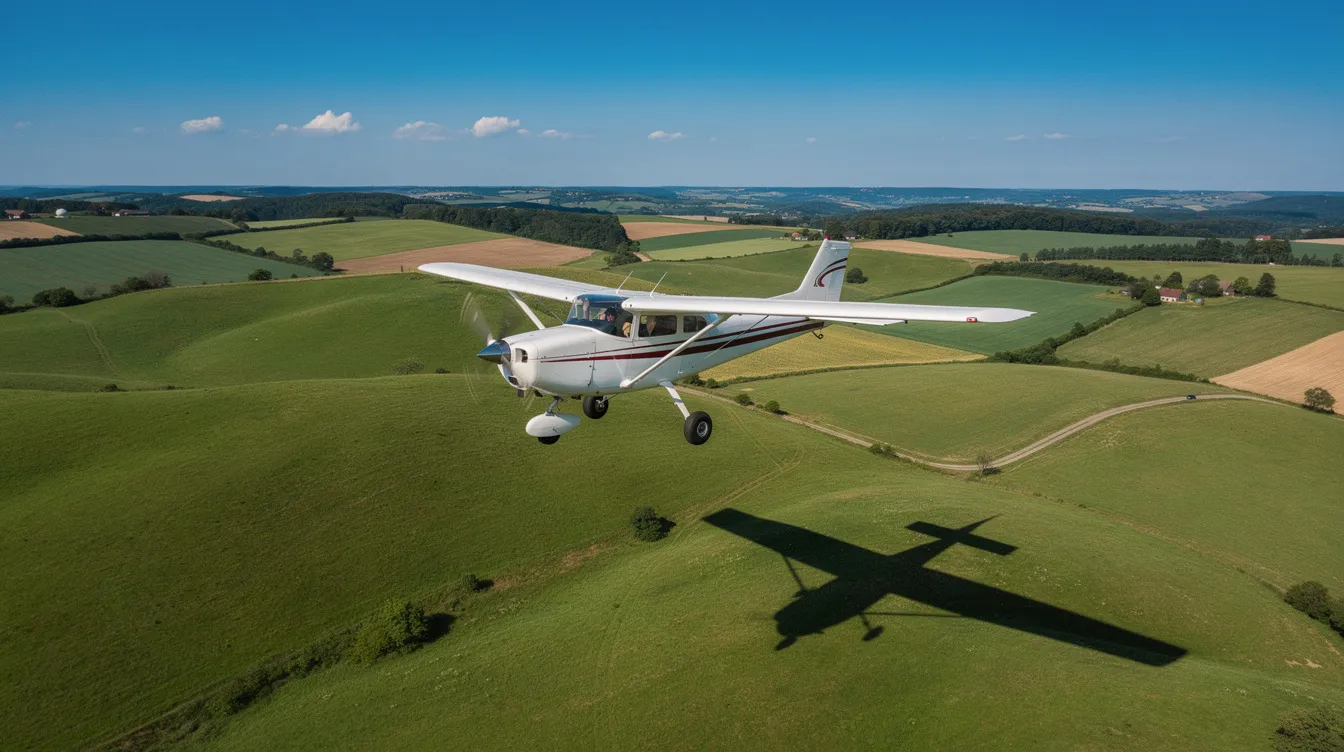 A high-wing single-engine airplane, resembling a four-seat aircraft, is flying low over lush, rolling green hills and farmland on a clear day. The scene captures the aircraft in flight, showcasing its efficient design and excellent visibility against the vibrant landscape below.