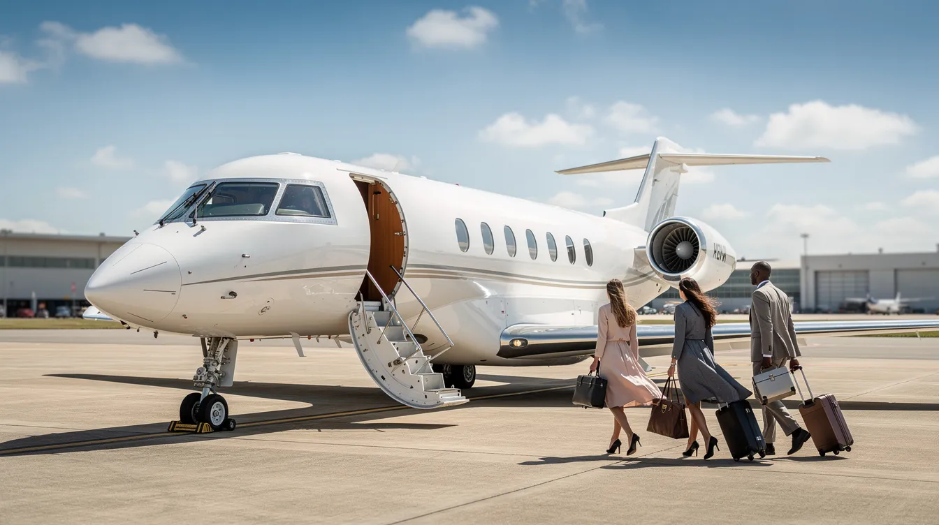 A modern private jet, featuring a sleek design and spacious cabin, is parked on a tarmac under a sunny sky. Passengers are walking toward the open cabin door, ready to board this efficient aircraft, which offers a roomy interior and can accommodate up to six seats.