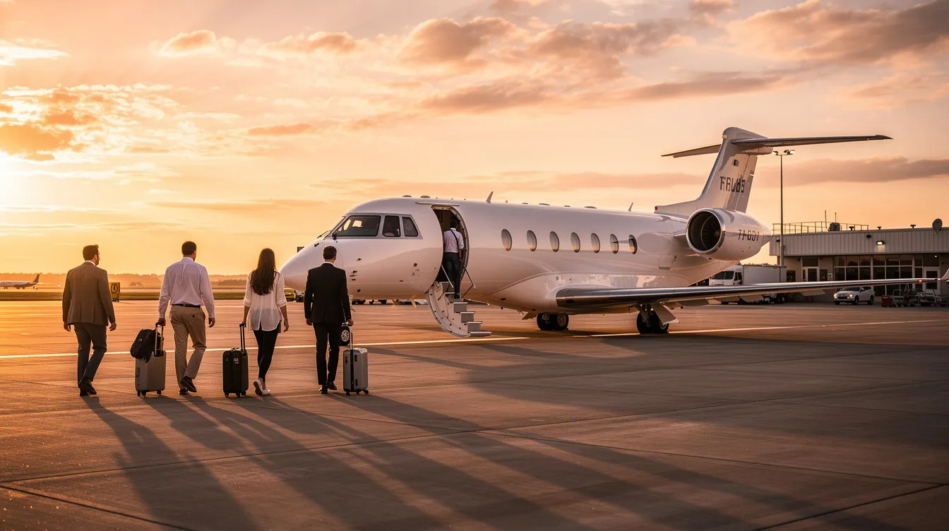 Passengers are walking towards a sleek private jet at a small regional airport, illuminated by the warm hues of a sunset, signaling the beginning of their private jet travel adventure. The scene captures the essence of luxury and exclusivity often associated with private flights, as the silhouettes of travelers create a sense of anticipation for their upcoming journey.
