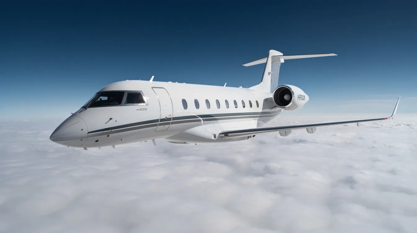 A modern midsize private jet soars gracefully above a sea of fluffy white clouds against a backdrop of a clear blue sky, symbolizing the luxurious experience of private flights and the freedom of private jet travel. The aircraft, designed for comfort and efficiency, represents a new era in aviation for those seeking convenient and exclusive journeys.