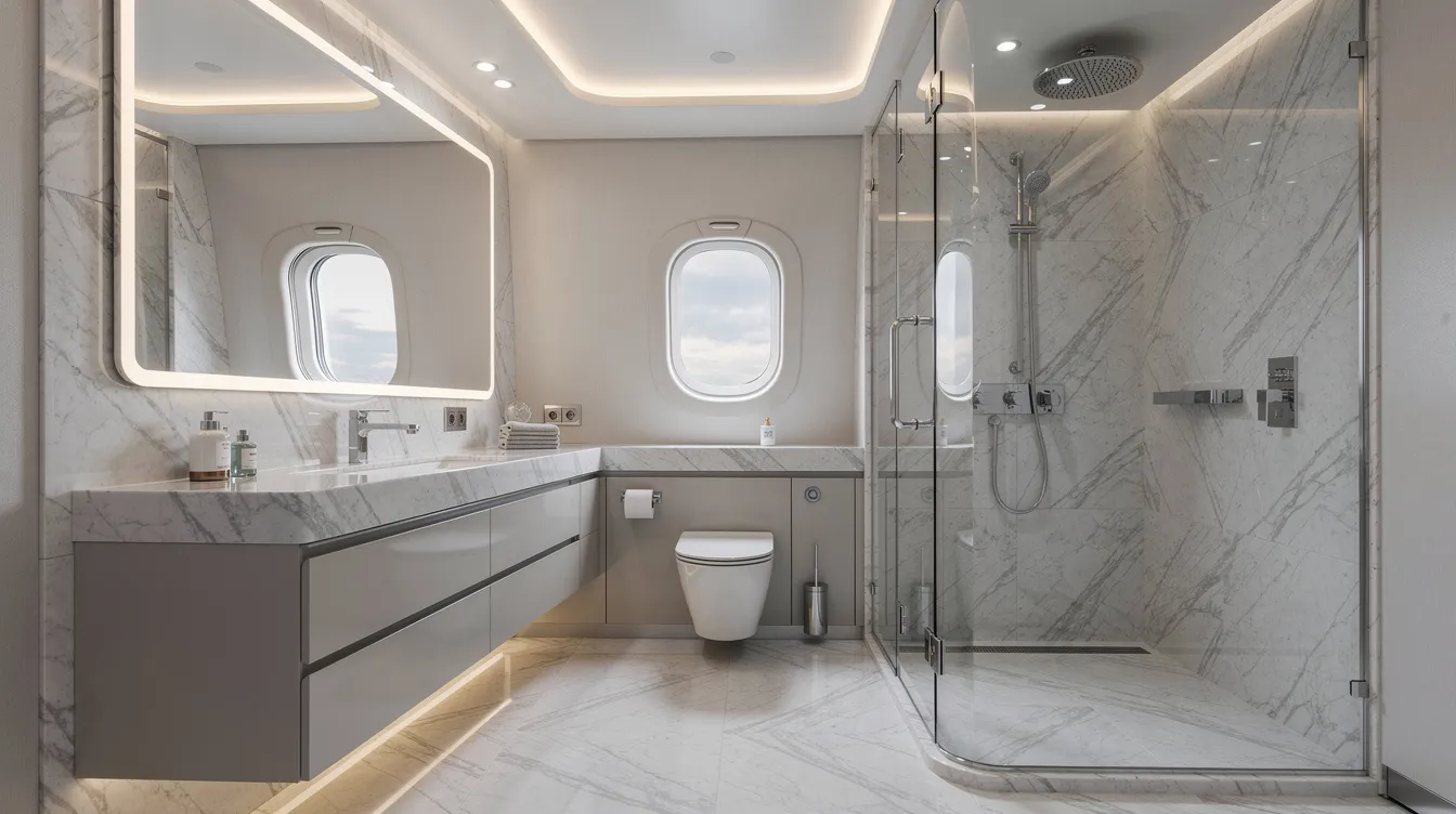 The image depicts a spacious and modern private jet bathroom featuring elegant marble finishes and a full-size shower, designed to enhance comfort during long haul flights. This luxurious space exemplifies the amenities available in private aviation, providing an ideal environment for travelers seeking restful journeys.