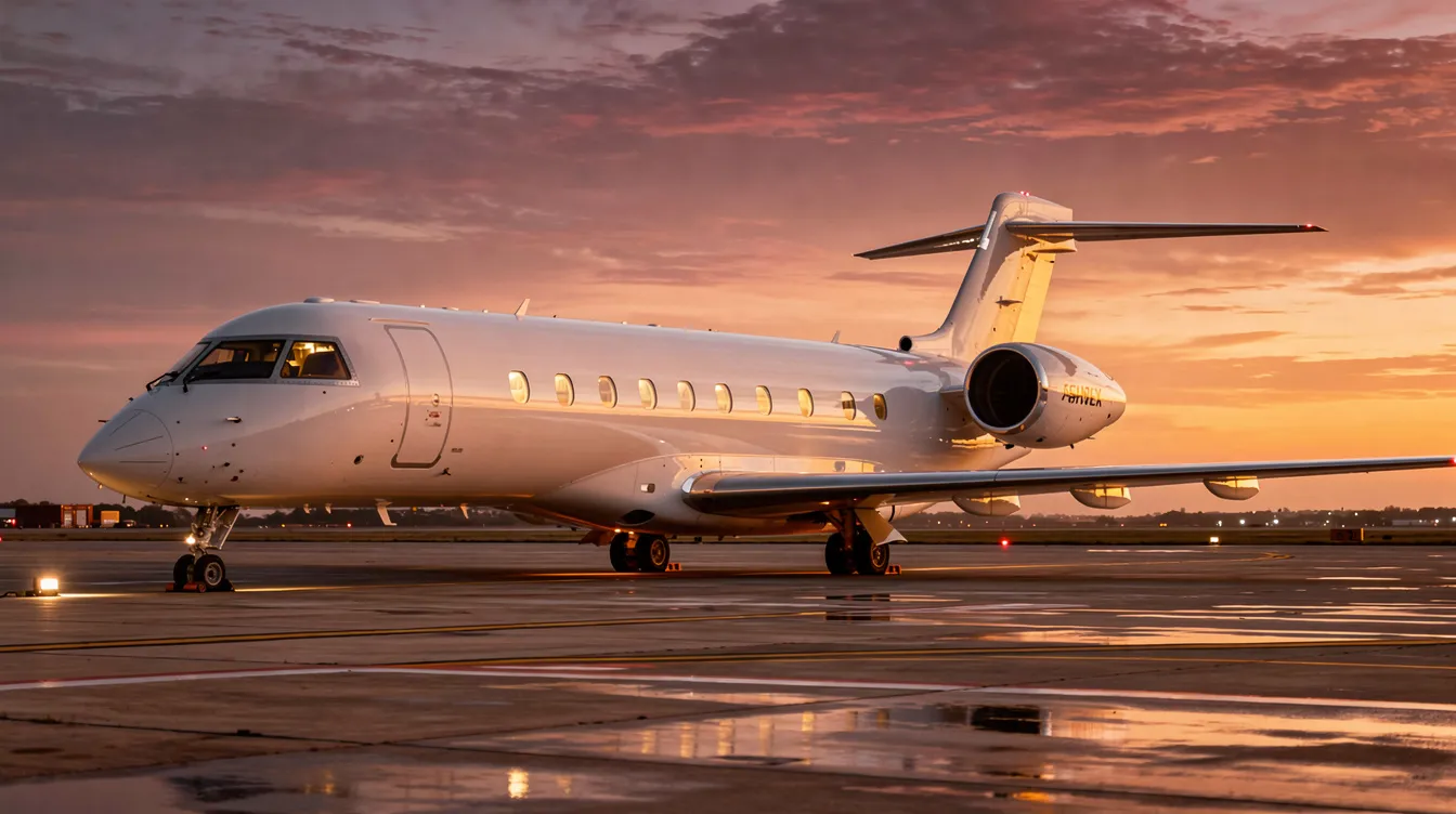 A large private jet is parked on a tarmac at sunset, its cabin windows glowing warmly, suggesting a luxurious interior with comfortable sleeping arrangements and multiple cabin zones. This ultra long range aircraft is designed for restful journeys, offering dedicated bedrooms and lie flat beds for travelers seeking a peaceful night's rest.