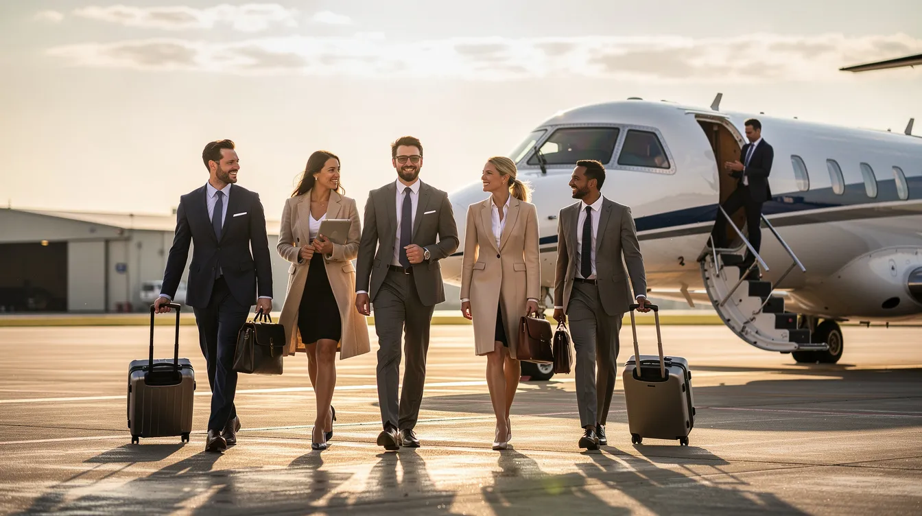 A group of professionals in business attire is walking together across a private airport tarmac towards a regional jet, highlighting the convenience of private jet travel for business travelers. The scene emphasizes the luxurious and efficient nature of private aviation, showcasing the accessibility of smaller airports for group charter flights.