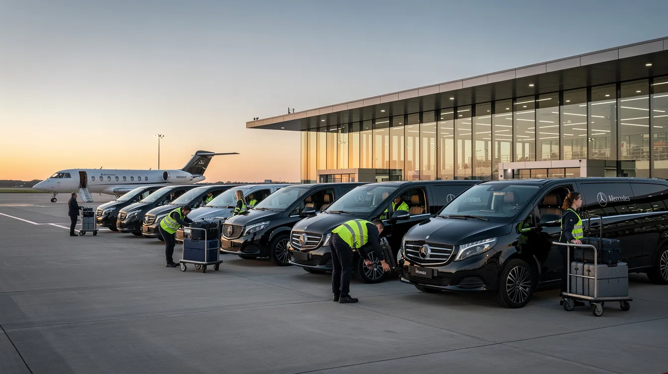 A row of luxury black vans is parked outside a private aviation terminal, where ground crew members are preparing for the arrival of passengers. The scene reflects the elegance of private jet travel, emphasizing the convenience of ground transportation for those flying on private charter flights.