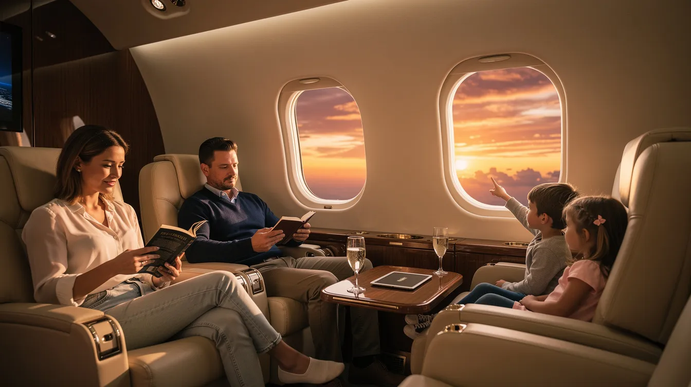 A family of four enjoys a relaxing moment inside a spacious private jet cabin, with parents reading and children gazing out the window at a beautiful sunset. This private jet travel experience highlights the comfort and luxury of flying private, making it an ideal choice for their next family vacation.
