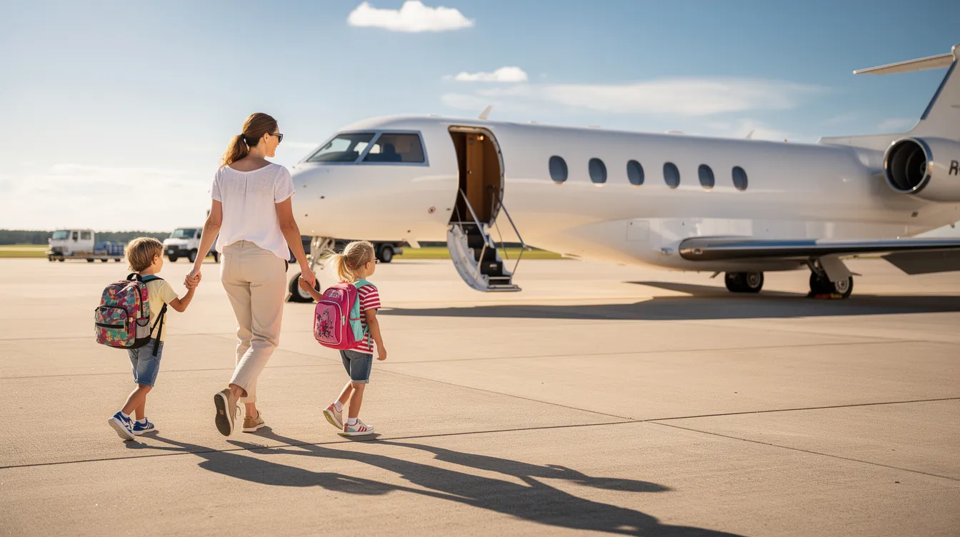 A family with young children walks across a sunny tarmac towards a sleek white private jet, ready for their next family vacation. The private jet offers spacious cabins and modern amenities, ensuring a comfortable and enjoyable flying experience for the whole family.