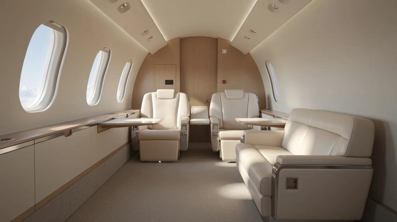 The interior of a private jet cabin features cream leather club seating and a small sofa, illuminated by natural light streaming through oval windows, offering a comfortable and luxurious space ideal for family travel. This private jet is designed for those seeking a spacious cabin with modern amenities for their next family vacation.