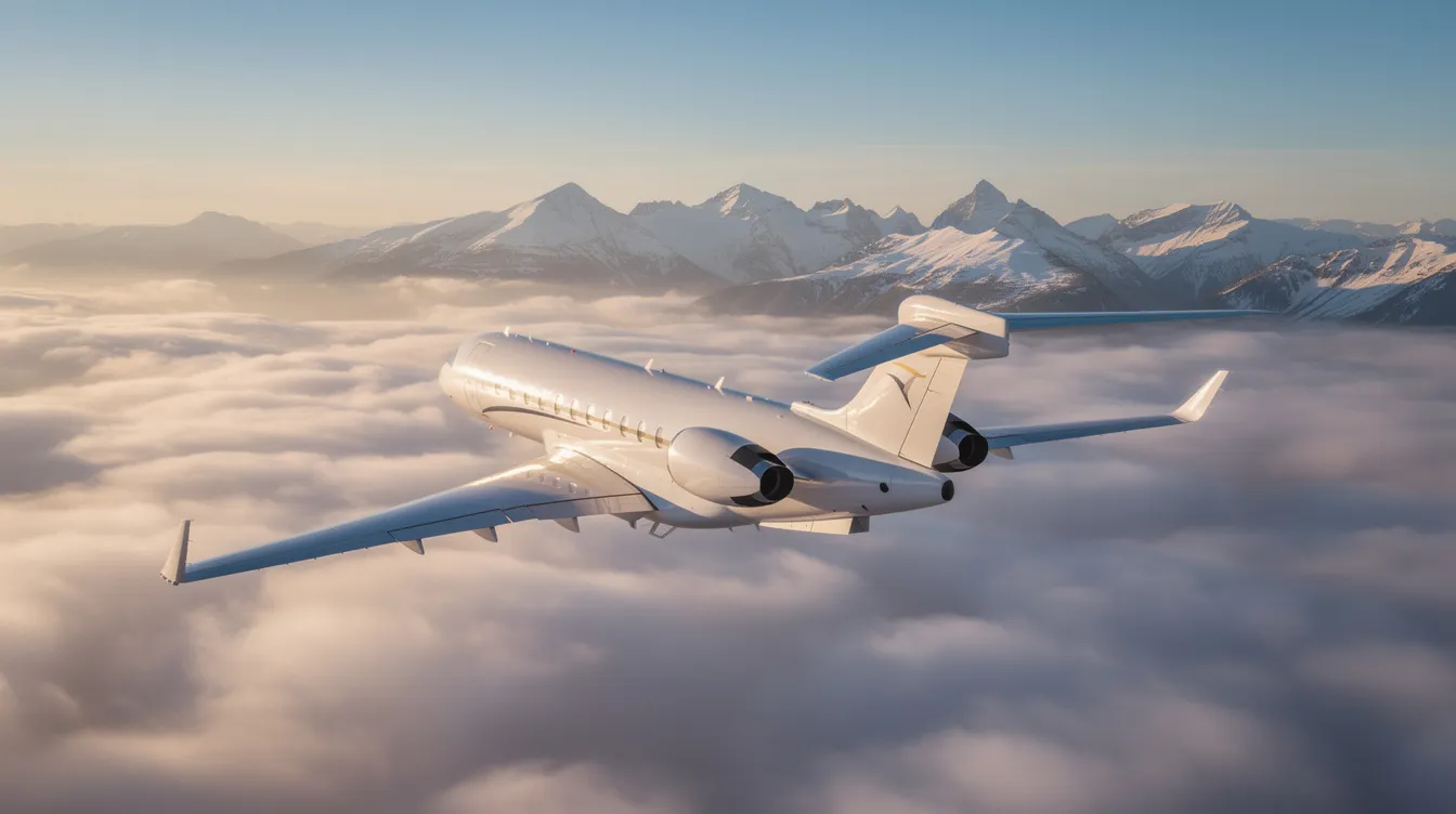 A large private jet is soaring above fluffy white clouds, with majestic mountains visible in the background, symbolizing the ultimate in private aviation for family travel. This scene captures the essence of luxurious private jet travel, perfect for a memorable family vacation.