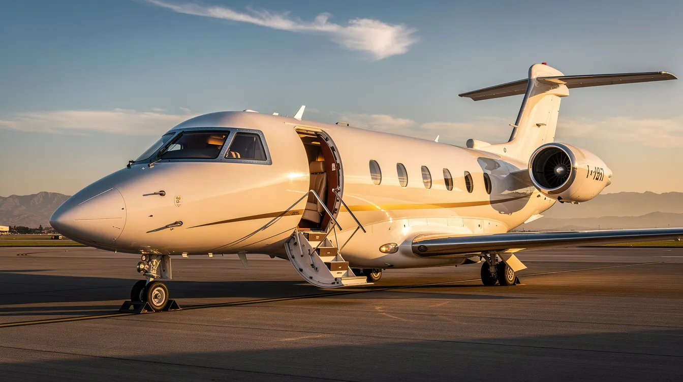 The image features a sleek private jet parked on a tarmac, showcasing its modern design and polished exterior. In the background, data charts can be seen, indicating jet fuel spot prices and trends in fuel prices per gallon, highlighting the economic aspects of private air travel.