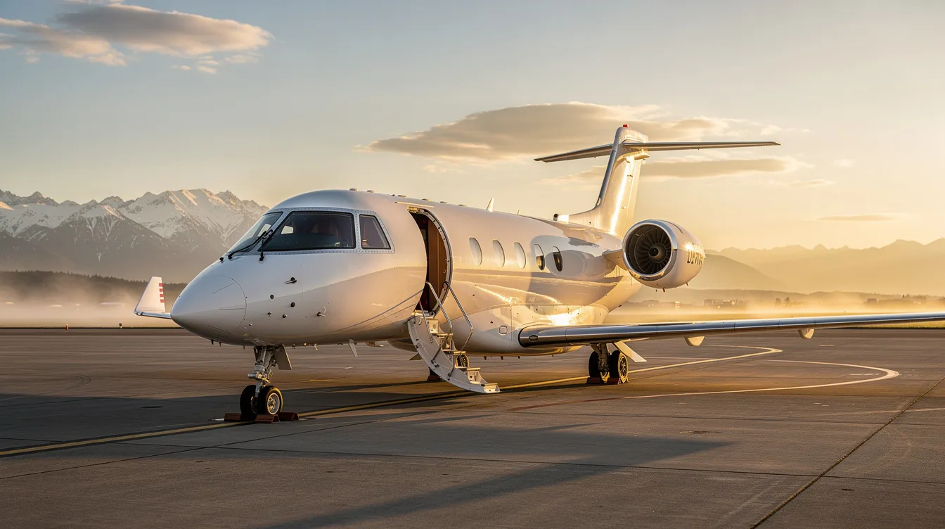 A sleek private jet is parked on an airport tarmac during golden hour, with majestic mountains in the background. This scene captures the essence of private aviation, highlighting the luxury and convenience of private jet travel.