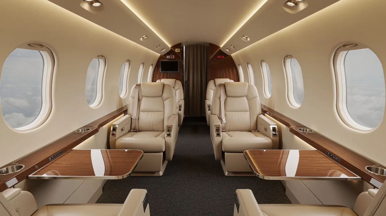 The image depicts the interior of a modern midsize private jet cabin, featuring luxurious leather seats and sophisticated ambient lighting, designed for a comfortable private aviation experience. This elegant space reflects the appeal of private jet travel, catering to business travelers and those interested in fractional ownership options.