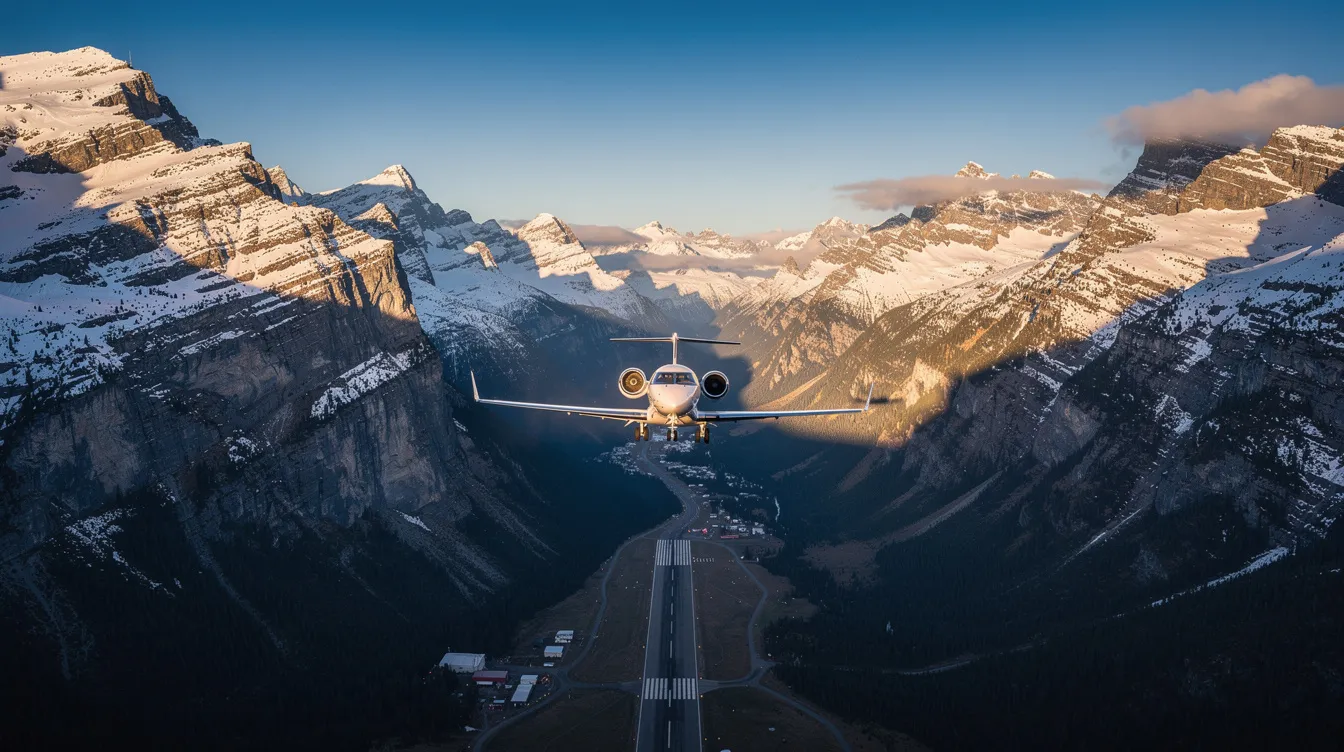A private jet is landing on a mountain airstrip, framed by majestic snow-capped peaks, showcasing the allure of private aviation. This scene highlights the luxury and convenience of private jet travel, ideal for business travelers seeking access to remote locations.