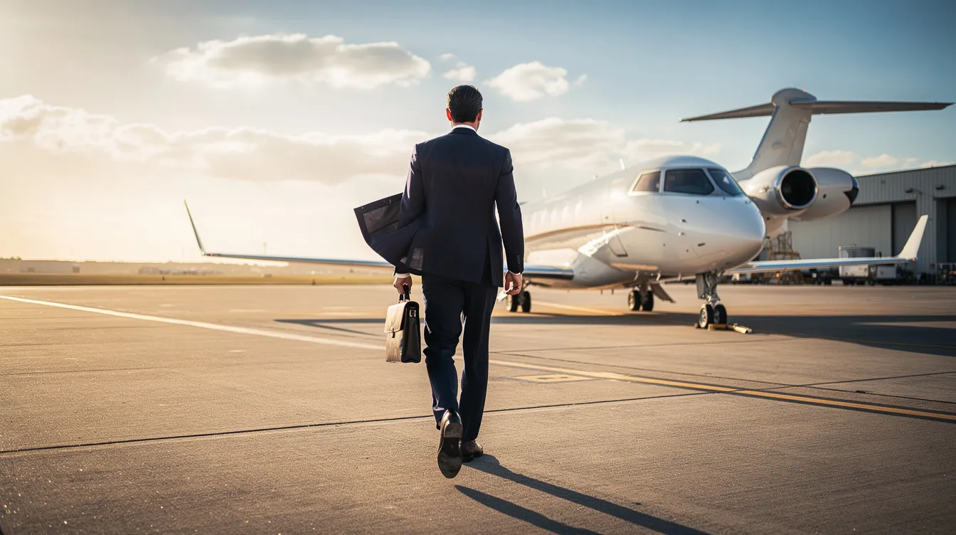 A business professional in formal attire walks confidently toward a sleek private jet on a sunlit runway, highlighting the allure of private aviation and the convenience of on-demand charter flights. This scene embodies the appeal of fractional ownership and jet card programs, offering guaranteed access to a managed fleet for discerning travelers.