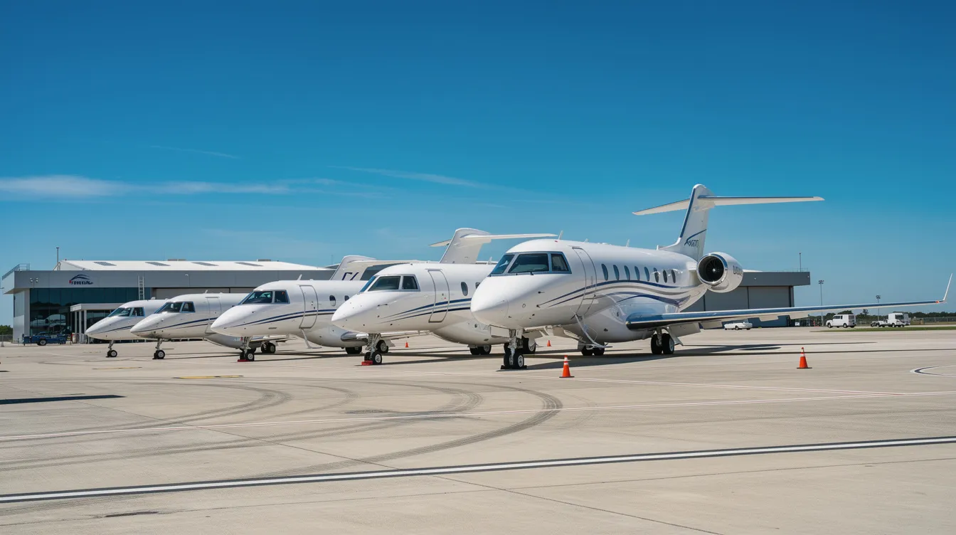 A variety of business jets of different sizes are lined up on an airport ramp under a clear blue sky, showcasing the diverse fleet offered by NetJets, a subsidiary of Berkshire Hathaway. The scene captures the essence of luxury air travel and the service provided to jet owners.