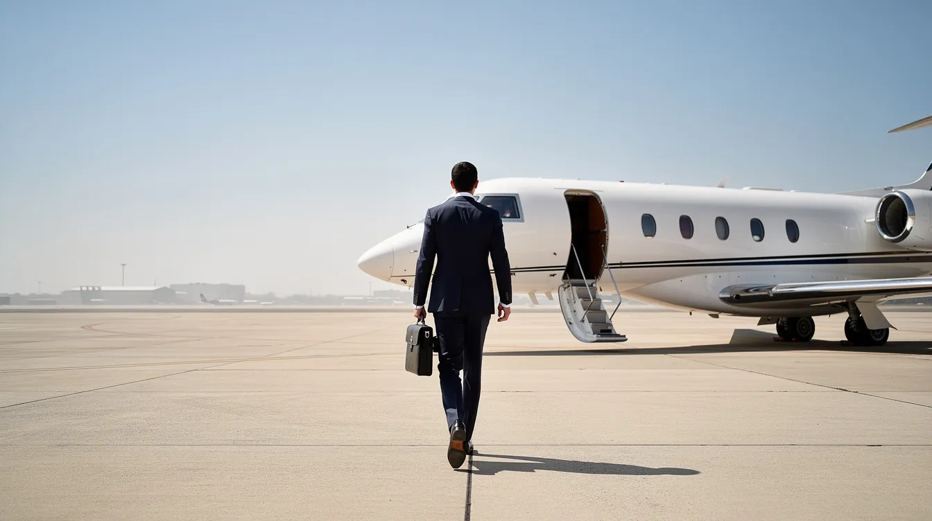 A business executive in a formal suit strides confidently across an open tarmac toward a sleek private jet, set against a clear blue sky, embodying the luxury and service of NetJets. The scene reflects the high-end travel experience offered by NetJets Inc., a subsidiary of Berkshire Hathaway, catering to discerning owners and business professionals.