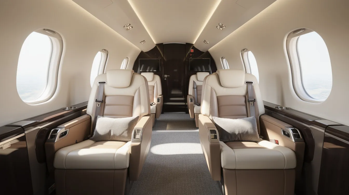 The image showcases the interior of a modern private jet cabin, featuring luxurious leather seats and ample natural light pouring in through large windows, creating an inviting atmosphere for owners and guests. This elegant space exemplifies the high-quality service associated with NetJets, a Berkshire Hathaway company.