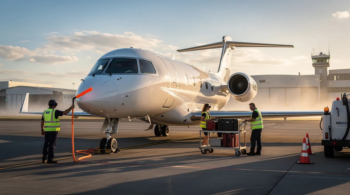A sleek private jet from NetJets is parked on a sunlit tarmac, where the ground crew is busy preparing for departure. The scene captures the essence of luxury travel, highlighting the dedicated service provided to jet owners.