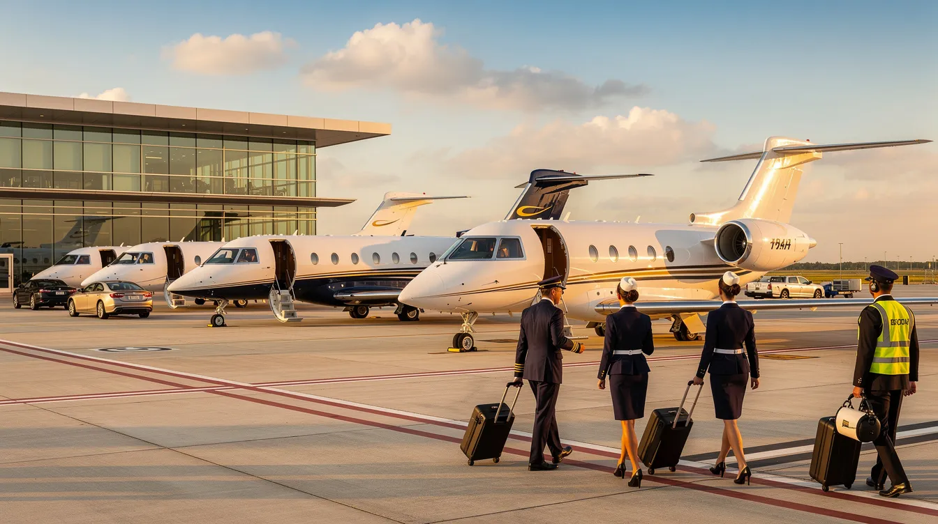 The image depicts a row of business jets parked at a private aviation terminal, with crew members in uniforms walking nearby, highlighting the operational aspects of business aviation. This scene reflects the professionalism and logistics involved in private jet services, such as those offered by NetJets.