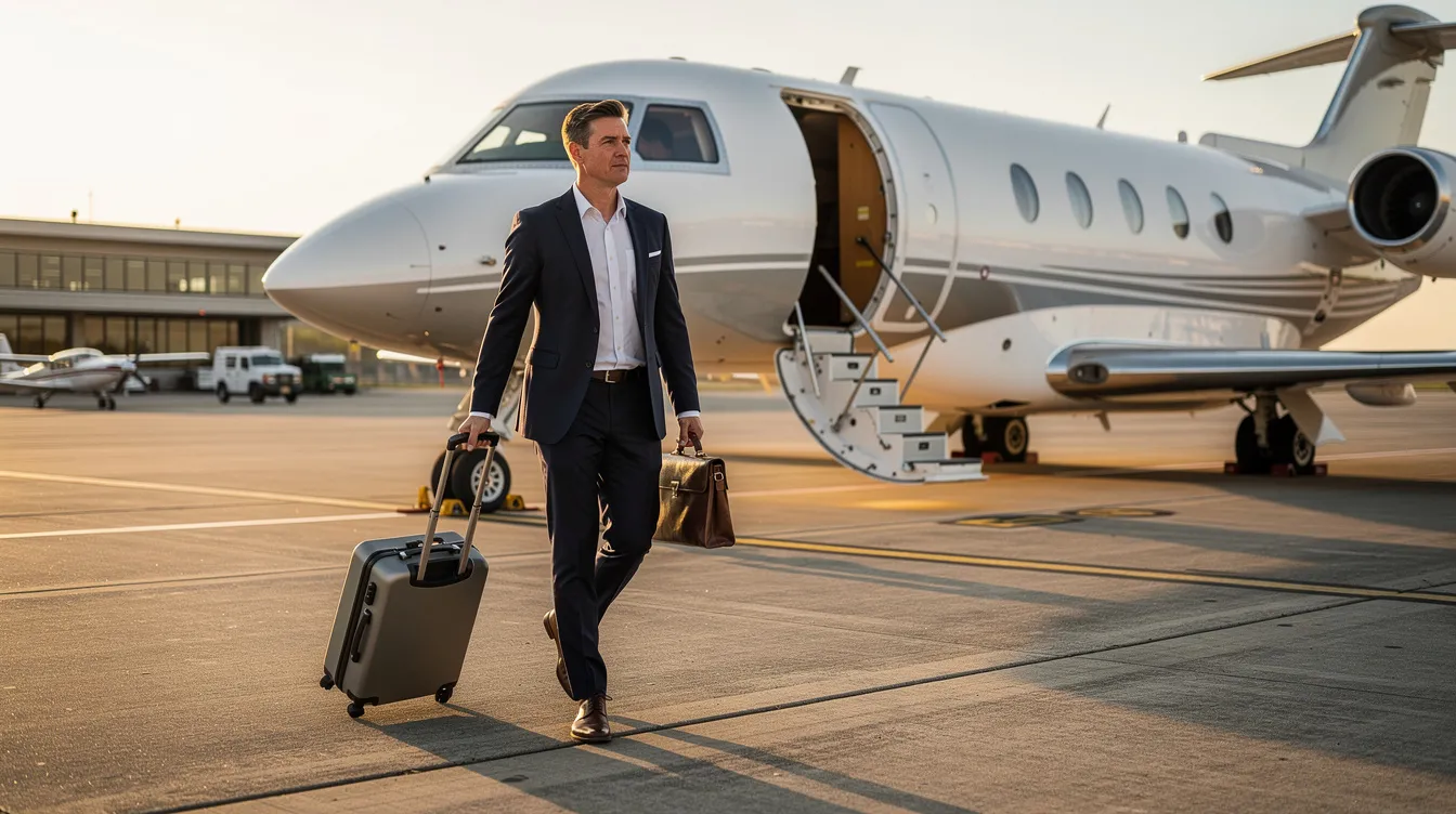 A business executive, likely a senior vice president, is stepping off a midsize private jet at a small regional airport, showcasing the luxury and convenience of private aviation. The scene highlights the importance of business management and logistics in the world of private jet travel, reflecting the unyielding commitment of companies like NetJets in providing exceptional service to their customers.
