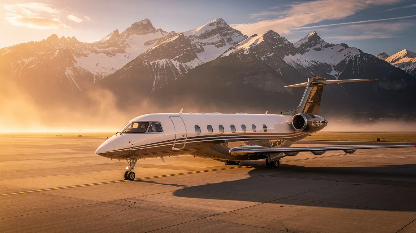 A sleek private jet is parked on the tarmac during golden hour, with the warm glow of the setting sun illuminating the aircraft and the majestic mountains in the background. This scene captures the essence of private aviation, highlighting luxury and exclusivity, reminiscent of NetJets and its commitment to providing exceptional service in business aviation.