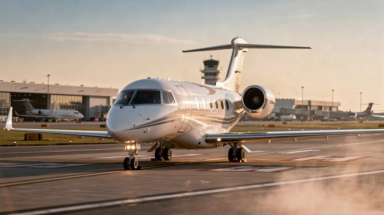 The image showcases a luxurious private jet at Long Beach Airport, highlighting the exceptional service offered by a boutique aircraft charter operator. With personalized travel services and world-class gourmet catering, passengers can enjoy total comfort and an outstanding experience tailored to their specific management needs.