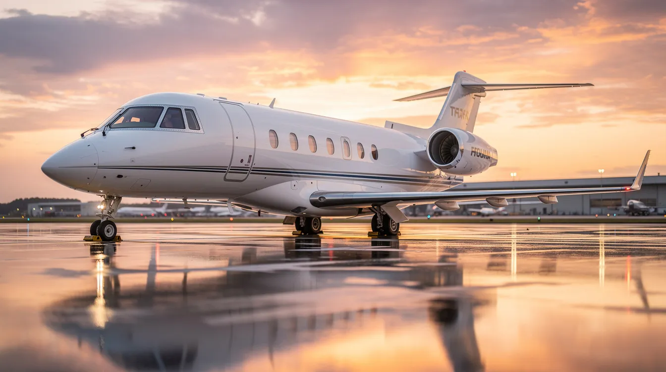 The image depicts a sleek private jet parked at Long Beach Airport, showcasing the luxury of boutique aircraft charter services. This aircraft represents the exceptional service and personalized travel arrangements offered by Nexjet Corporation, ensuring total comfort for passengers with tailored programs and world-class gourmet catering.
